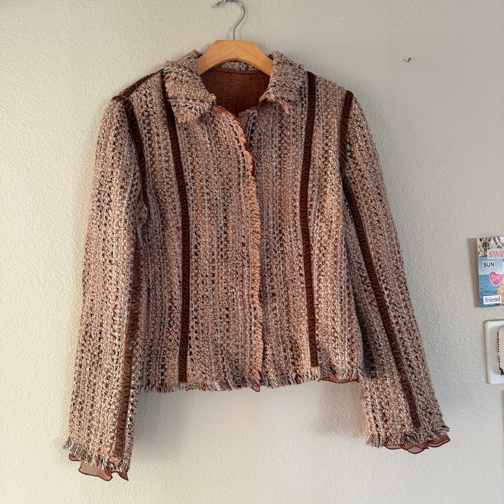 Alberta Ferretti Italian Wool Blend Tweed Jacket Brown Size 8